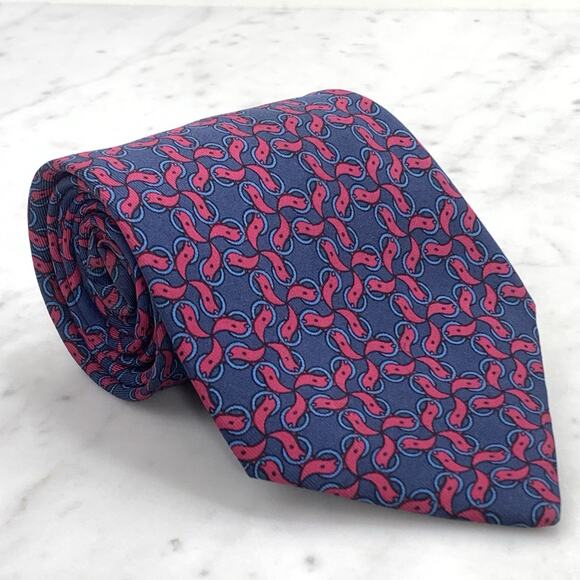HERMES Tie 100% Silk Tie 56” x 3.5” Red Belt w Blue Buckle on Blue 7420 EUC - Picture 1 of 5